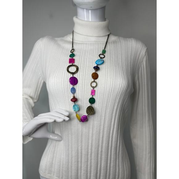 Necklace multi colored chunky disks beaded costume jewelry blue yellow pink - Picture 8 of 11